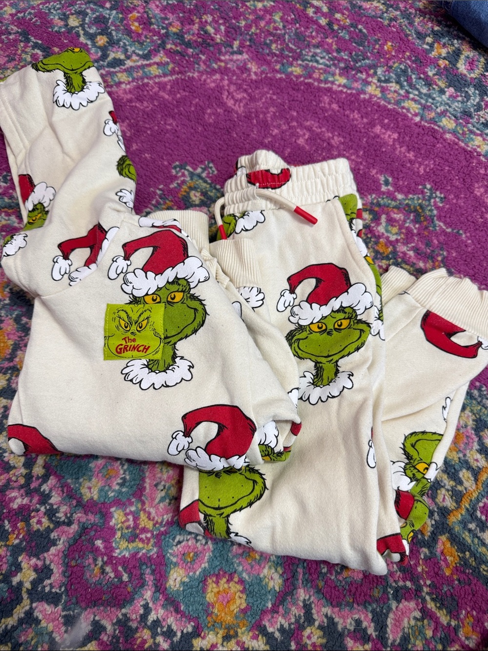 Kids' Cream Holiday Pajama Set with Red Santa Hats